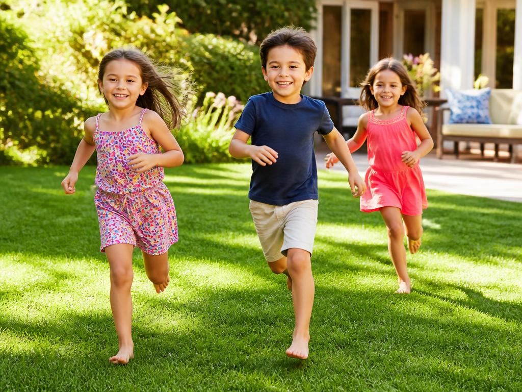 Children running barefoot on clean green grass