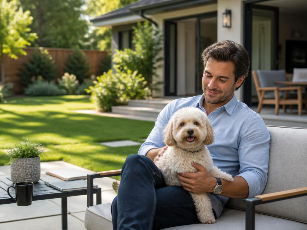 A professional relaxing in a clean backyard with a small dog